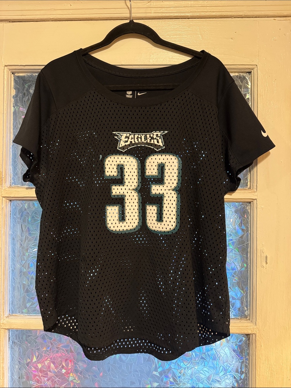Nike Women’s Black Mesh Eagles Jersey Top with White Number 33